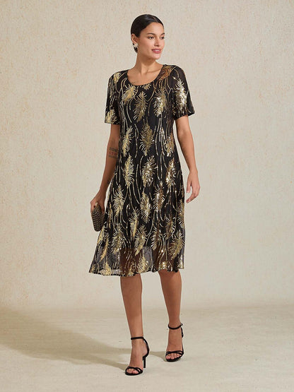 Feather Sequin Embroidered Mesh Midi Dress