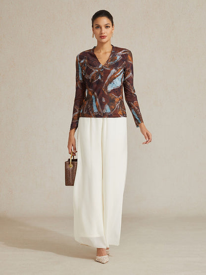 Abstract Print Stretch Knit Top