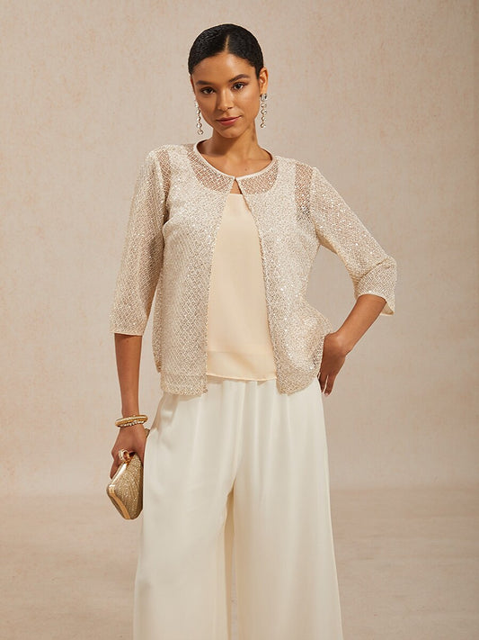 Sequin Mesh Round Neck 3/4 Sleeve Twinset