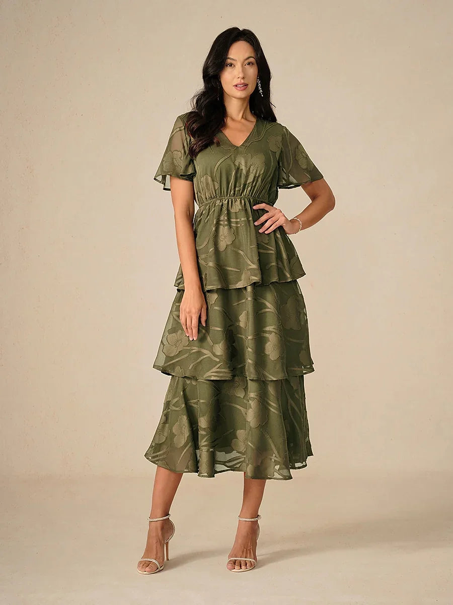 Lace V Neck Ruffle Layered Flutter Dress