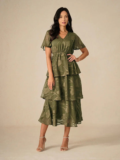 Lace V Neck Ruffle Layered Flutter Dress