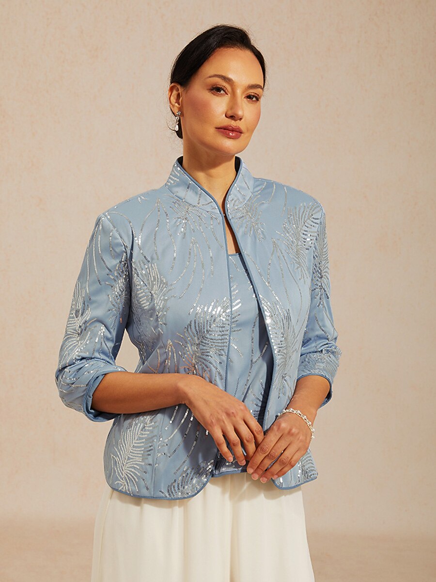 Elegant Mandarin Collar Jacket And Pants 3 Piece Sets