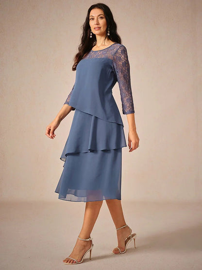 Lace Tiered Chiffon 3/4 Length Sleeve Dress