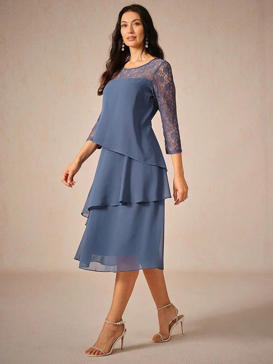 Lace Tiered Chiffon 3/4 Length Sleeve Dress