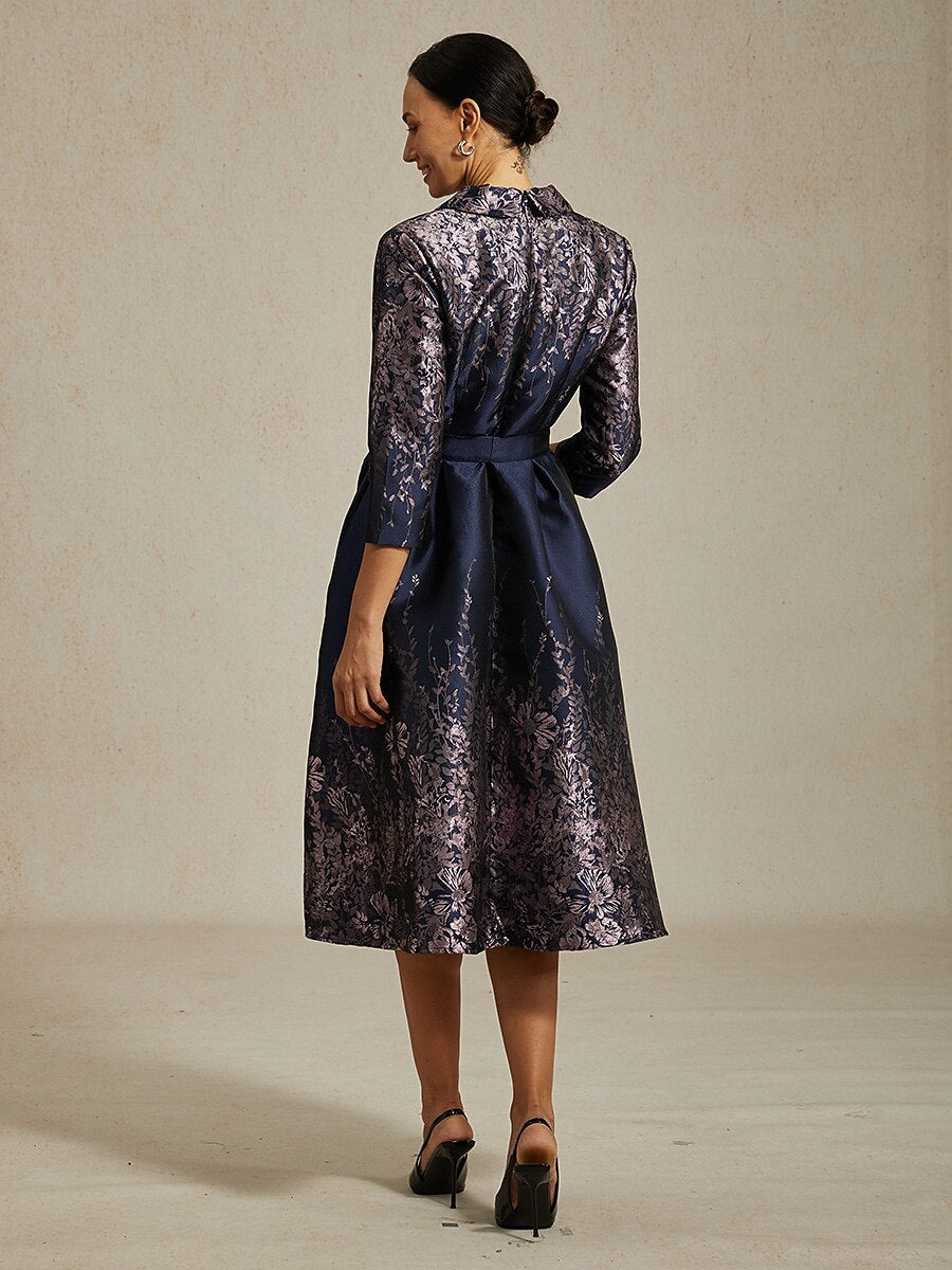 Floral Jacquard Shirt Dress with Belt and Side Pockets