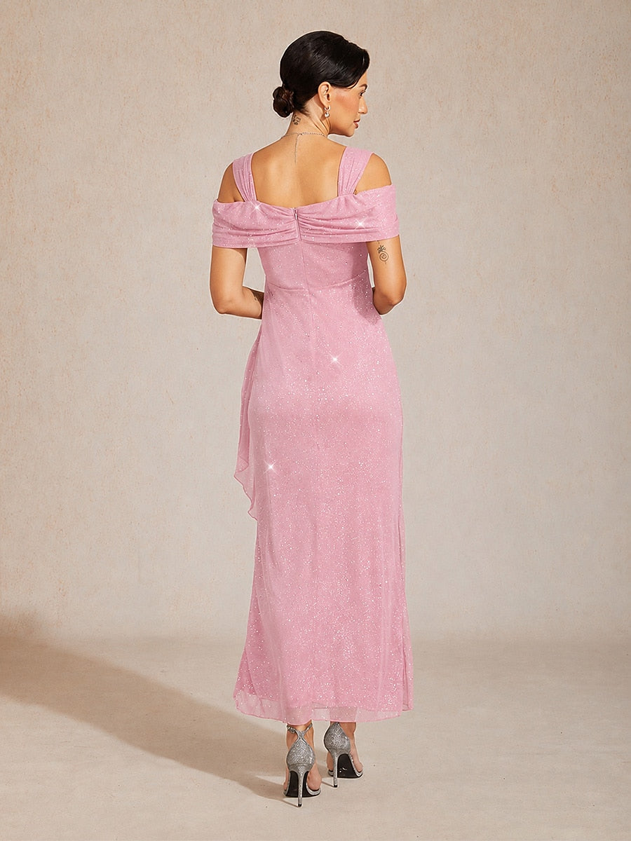 Ankle-Length Cold Shoulder Glitter Mesh Dress