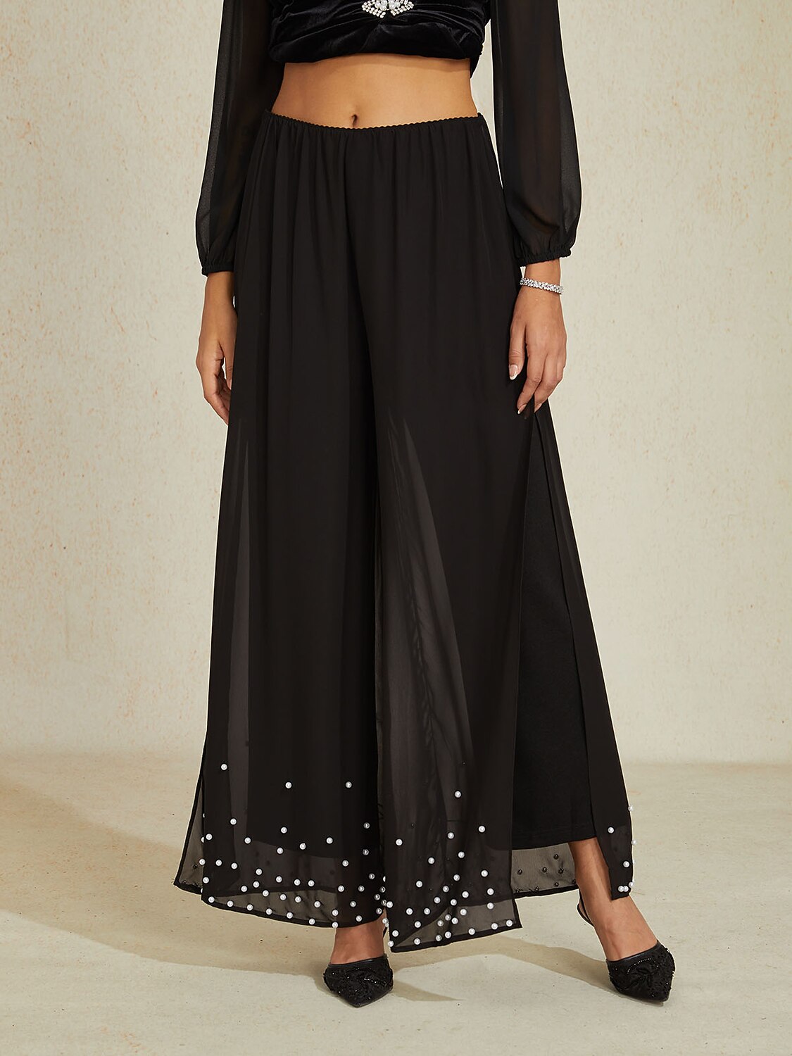 Pearl-embellished Wide Leg Pants