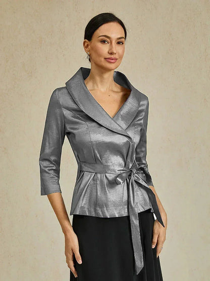 Blusa in taffetà elasticizzato con maniche 3/4 e dettaglio cintura annodata