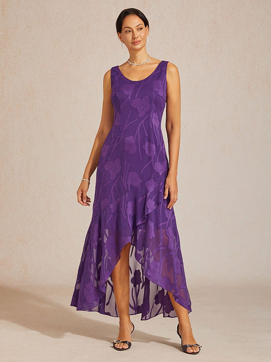 Floral Chiffon Sleeveless Evening Gown with Asymmetrical Hem