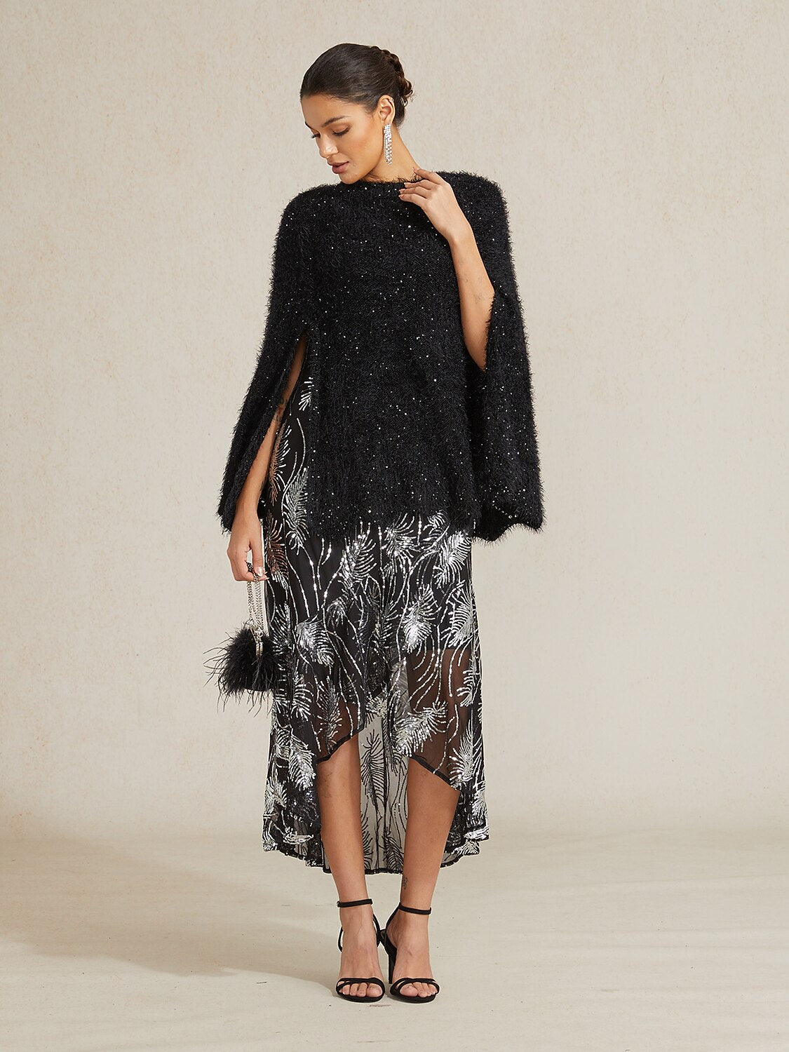 Sequin Knit Poncho Sweater