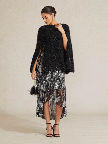 Sequin Knit Poncho Sweater