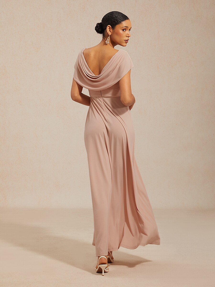 Draped Neck Jersey Evening Dress with Pleated Bodice