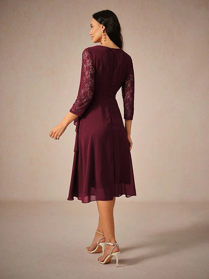 Lace Tiered Chiffon 3/4 Length Sleeve Dress