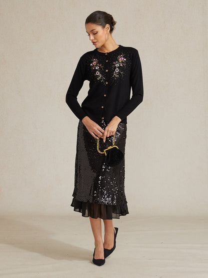 Embroidered Rhinestone Floral Cardigan