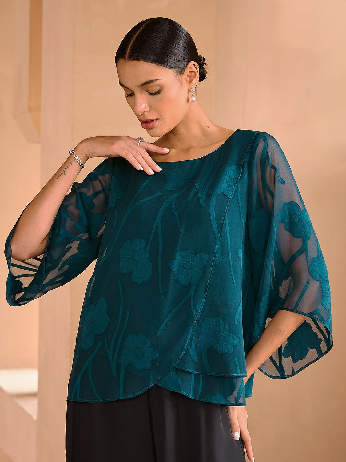 Sheer Floral Layered Chiffon Tops