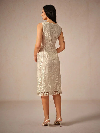 Embroidery Lace Boat Neck Sleeveless Dress