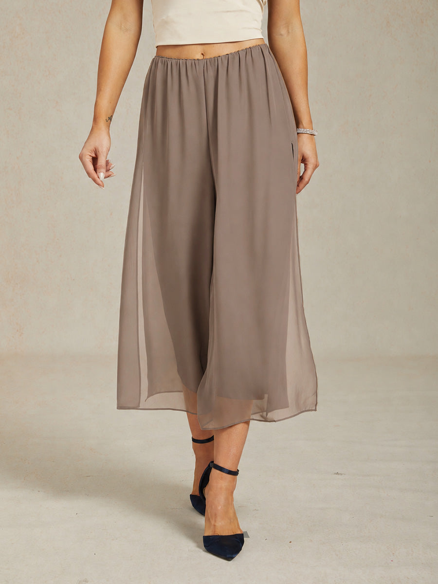 Cropped Length Straight Leg Pant With Chiffon Split Leg Overlay