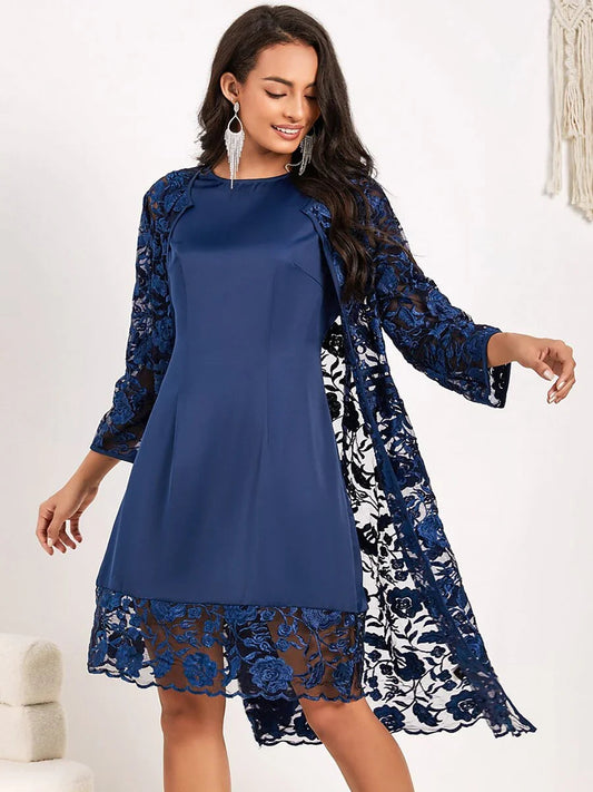 Blue Lace Satin Dress Set