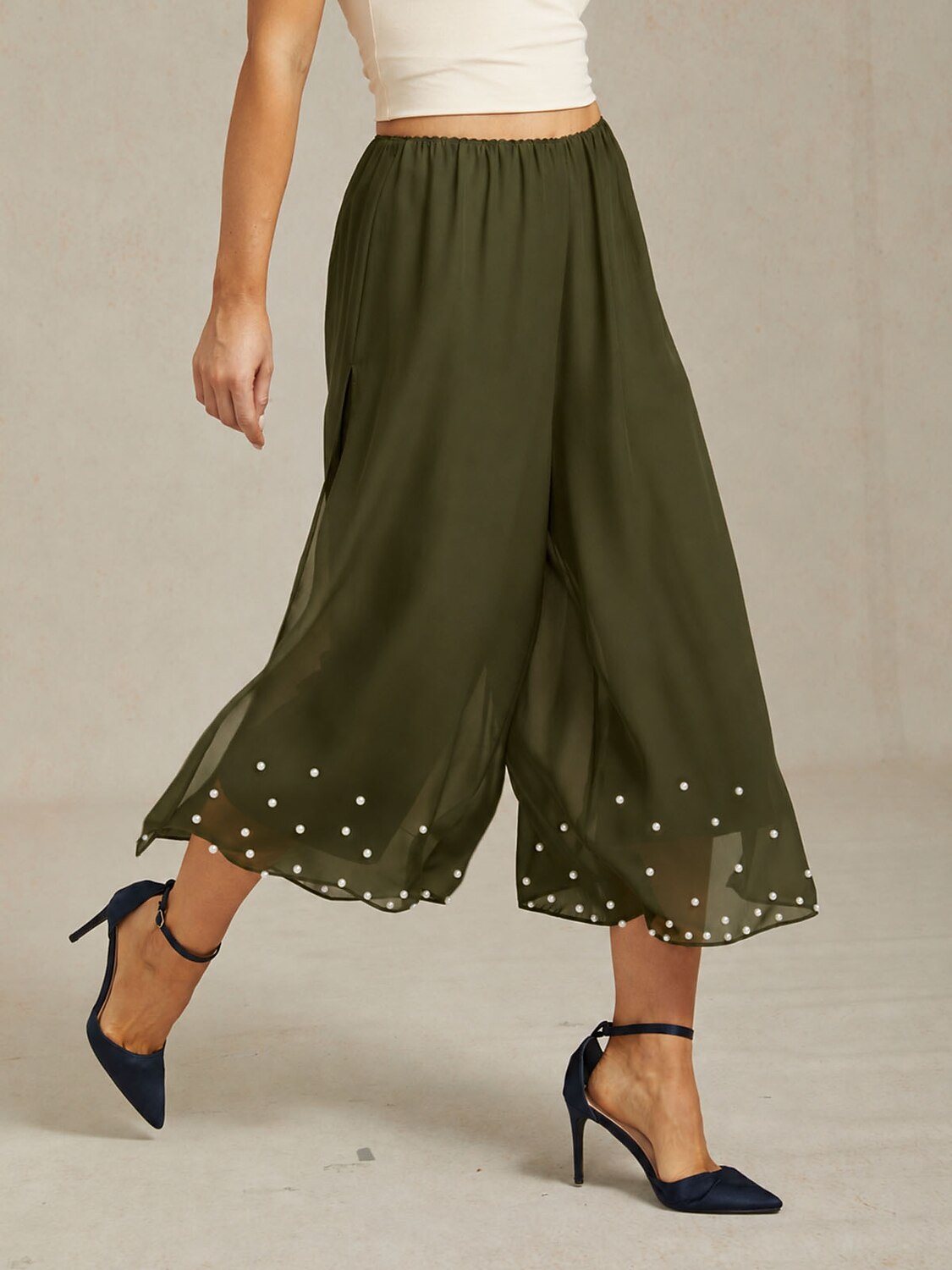 Cropped Pearl-embellished  Pants