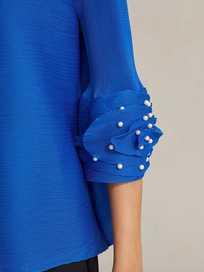 Pleated Floral Pearl Sleeve Top