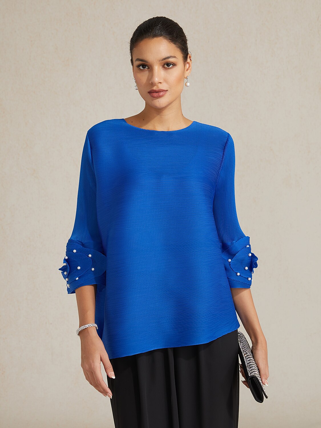 Pleated Floral Pearl Sleeve Top