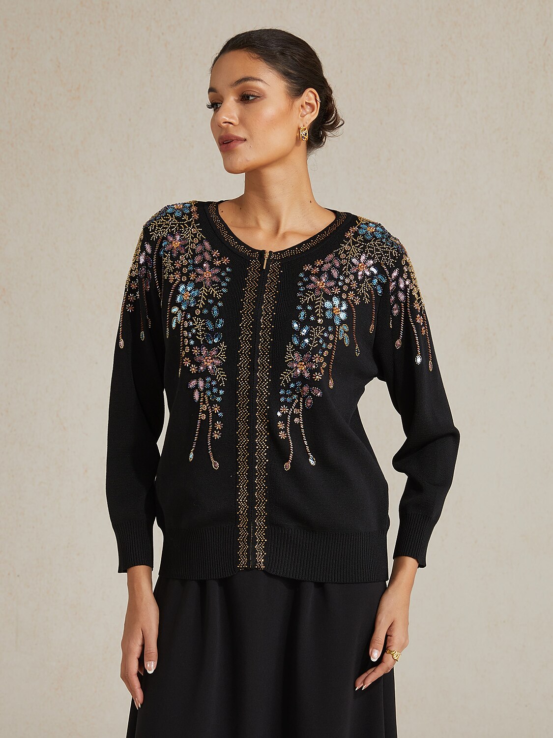 Ethnic Floral Rhinestone Knit Jacket
