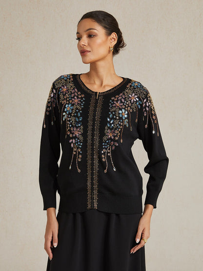 Ethnic Floral Rhinestone Knit Jacket