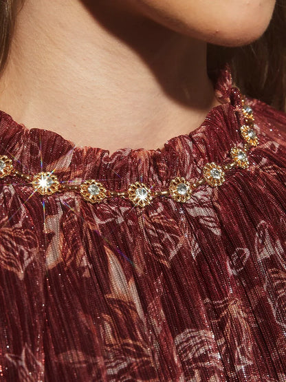 Ruffled Cold Shoulder Chiffon Blouse with Metallic Detail