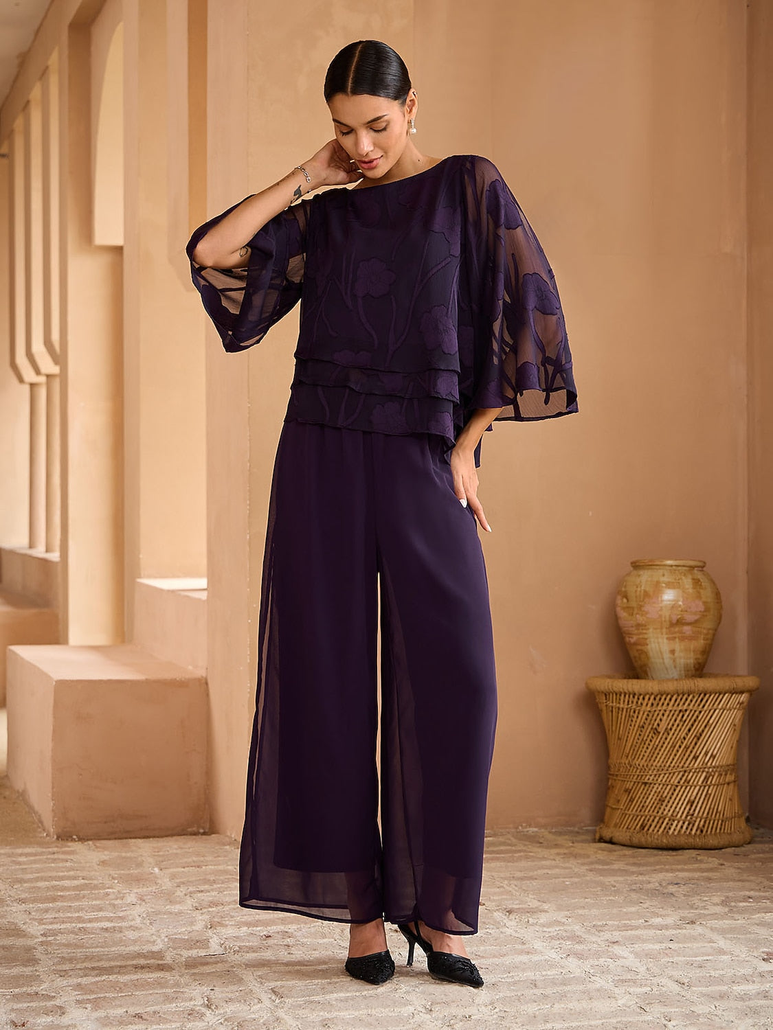 Straight Leg Pant With Chiffon Split Leg Overlay