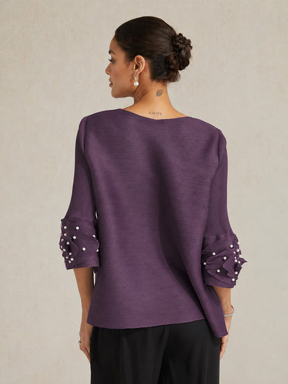 Pleated Floral Pearl Sleeve Top