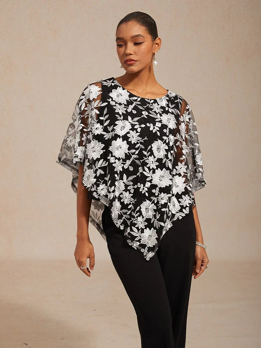 Embroidered Mesh Lace Top with Batwing Sleeves