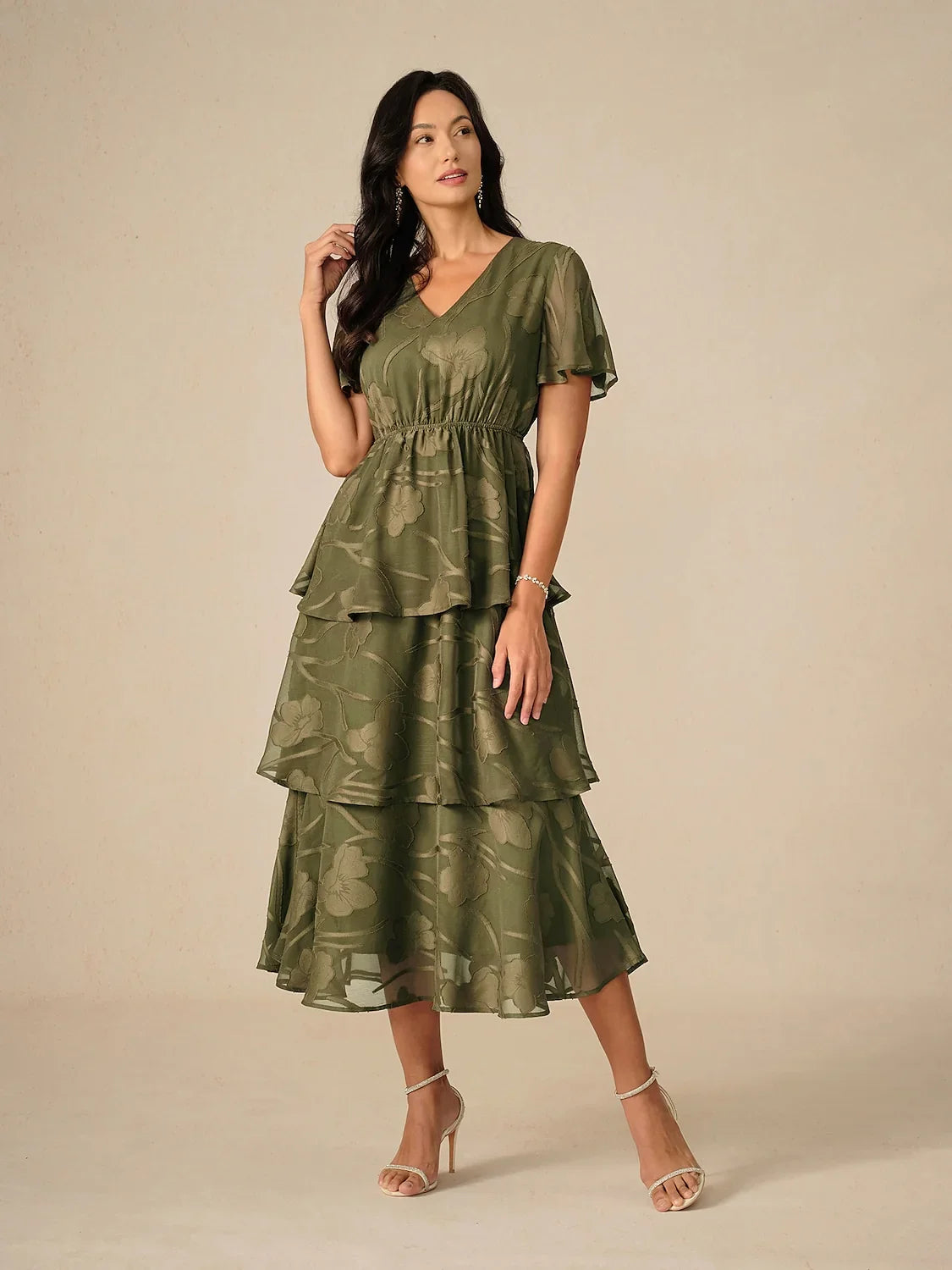 Lace V Neck Ruffle Layered Flutter Dress