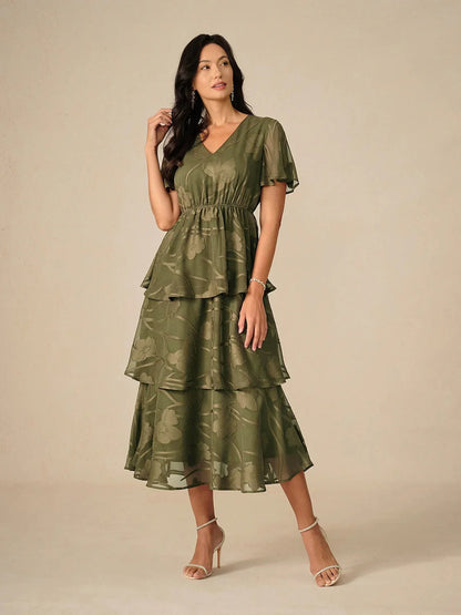 Lace V Neck Ruffle Layered Flutter Dress