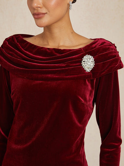 Long Sleeve Velvet Blouse with Ruched Collar