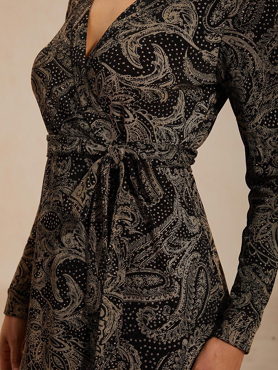 Paisley Wrap Midi Dress with Subtle Sequin Detail