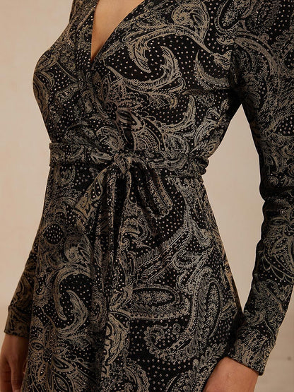 Paisley Wrap Midi Dress with Subtle Sequin Detail