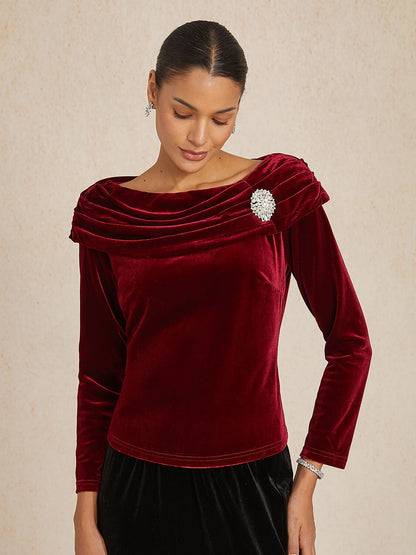 Long Sleeve Velvet Blouse with Ruched Collar