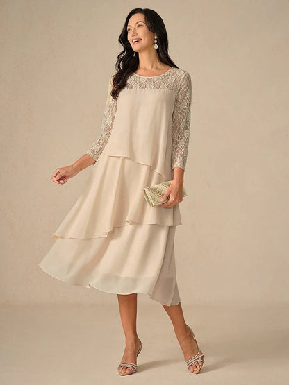 Lace Tiered Chiffon 3/4 Length Sleeve Dress