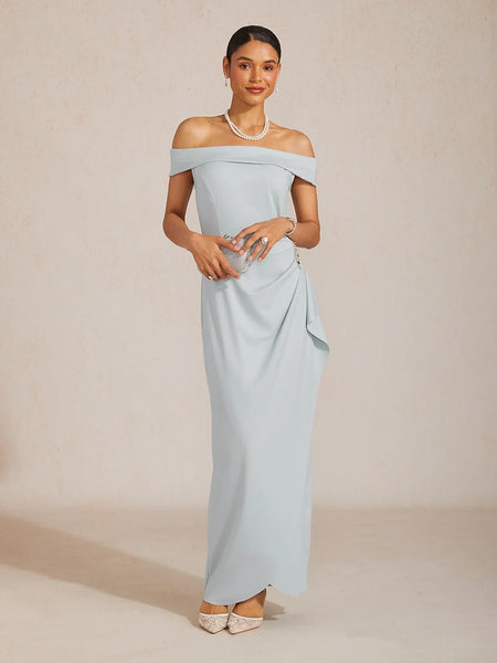 Off Shoulder Floor Length Dress Light Blue Wedding Guest Bridesmaid V Neck Elegant Ruched Side Slit Form Fitting Party Gown, Ice Blue / M