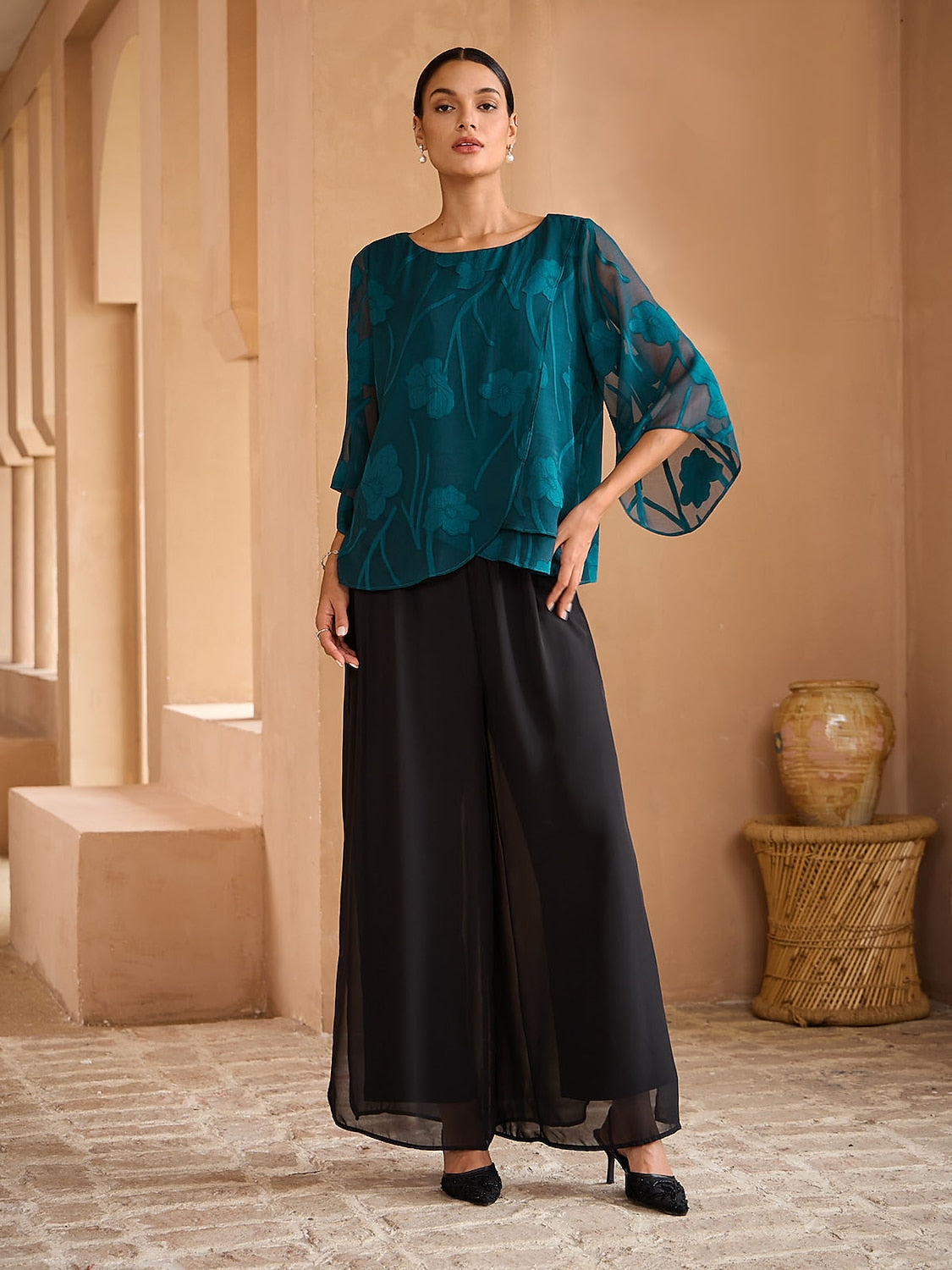 Sheer Floral Layered Chiffon Tops