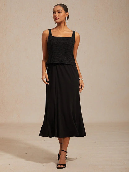 Sleeveless Square Neck Spring Dress with Tweed Bodice