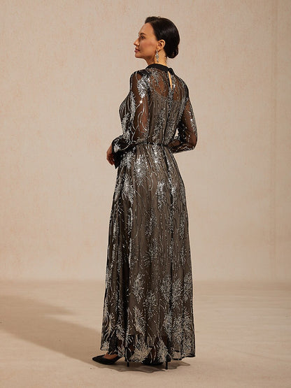 Sequin Mesh Overlay Dress with Crystal Button