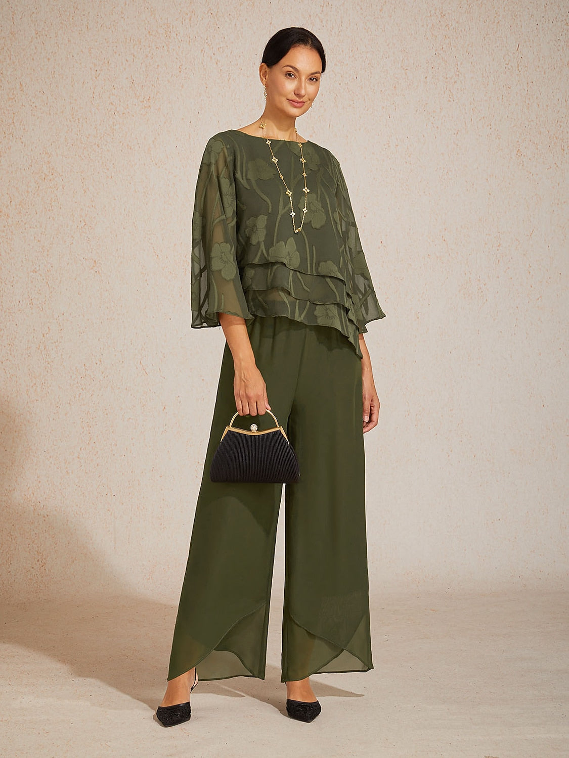 Straight Leg Mid Waist Layered Chiffon Pants