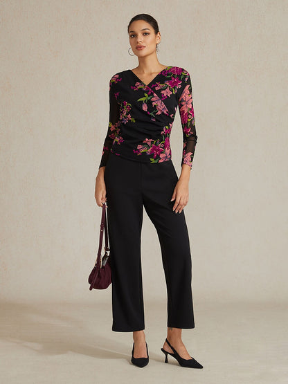 Floral Stretch Knit Wrap Top
