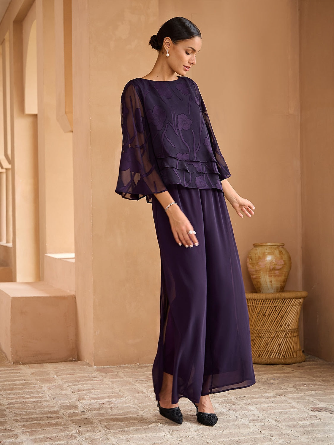 Straight Leg Pant With Chiffon Split Leg Overlay