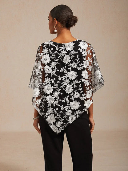 Embroidered Mesh Lace Top with Batwing Sleeves