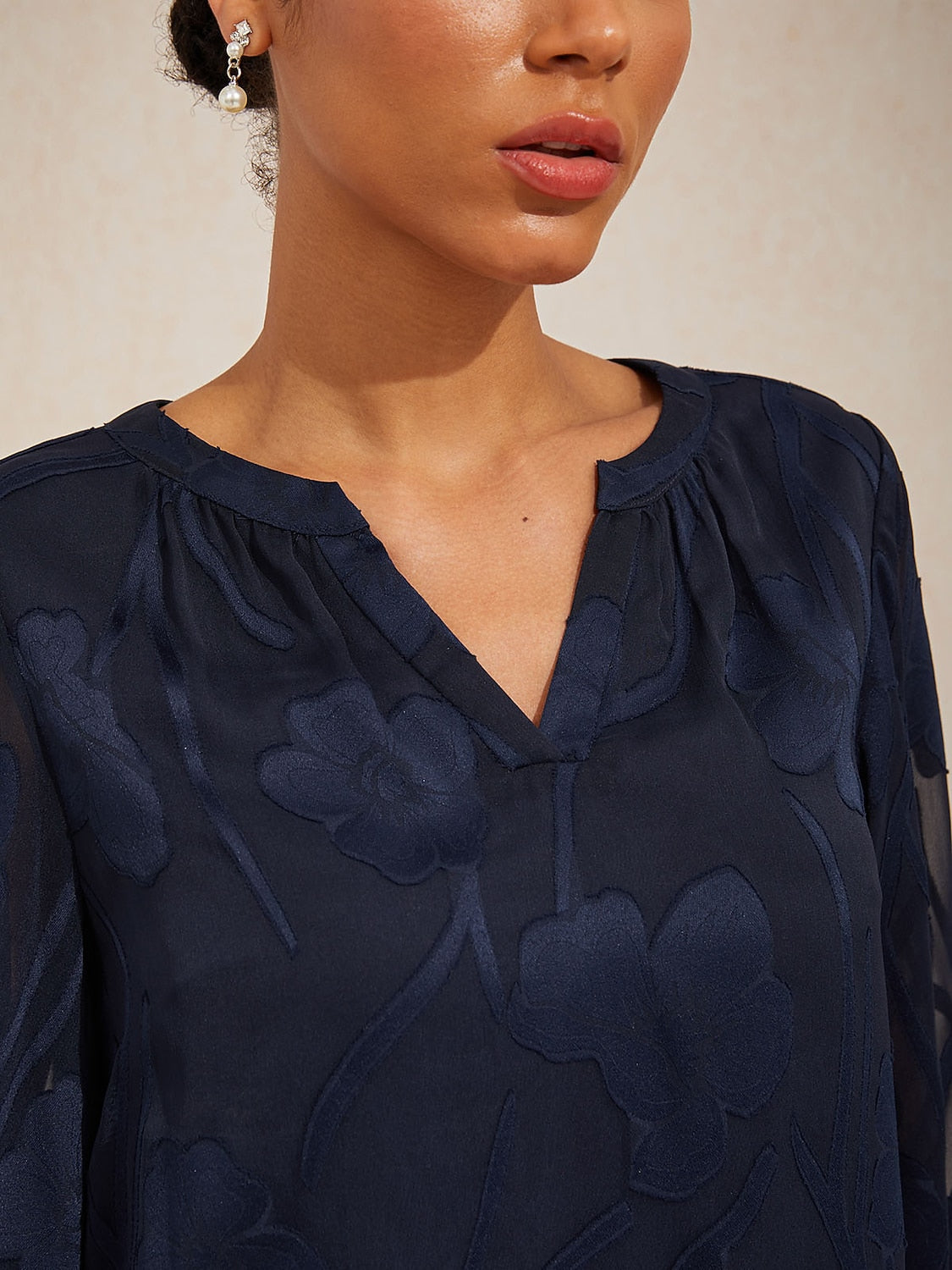 Layered Bell Sleeve Notched Neck Floral Tops