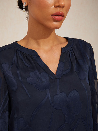 Layered Bell Sleeve Notched Neck Floral Tops