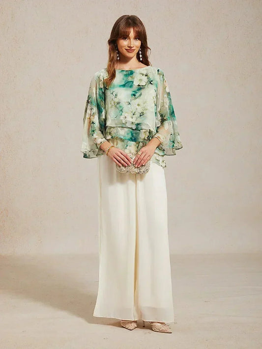 Chiffon Pants and Floral Layered Blouse Pant Suits