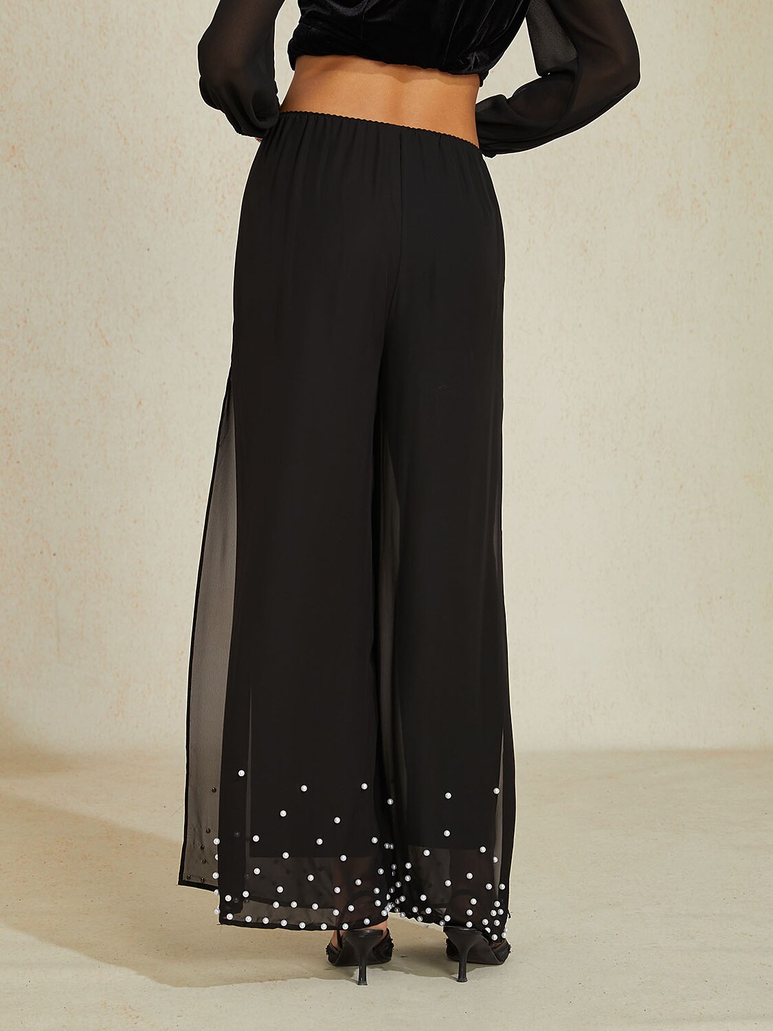 Pearl-embellished Wide Leg Pants
